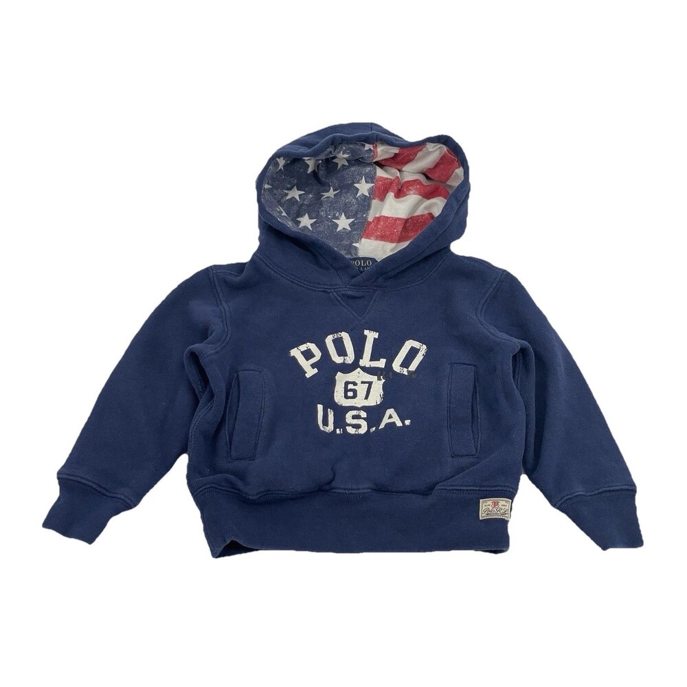 Polo Ralph Lauren Toddler Hoodie 2T USA Flag Lined Blue Pullover Sweatshirt
